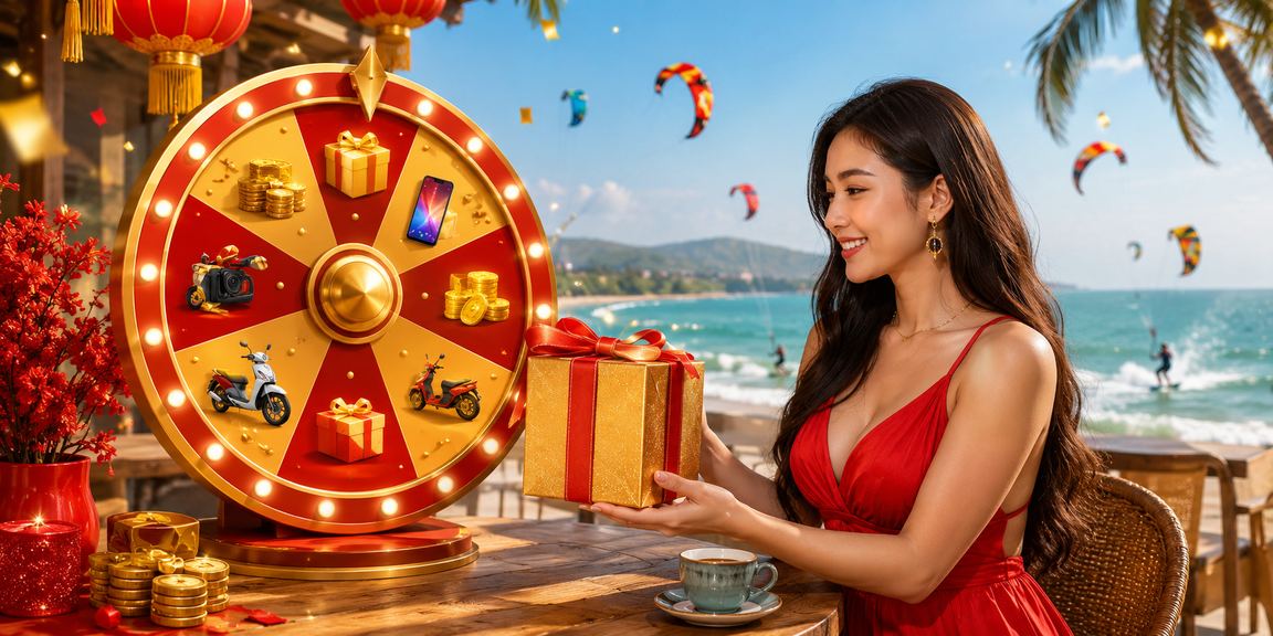 Người chơi tại Mũi Né hào hứng theo dõi kết quả lucky draw và jackpot tích lũy trong không gian cà phê ven biển